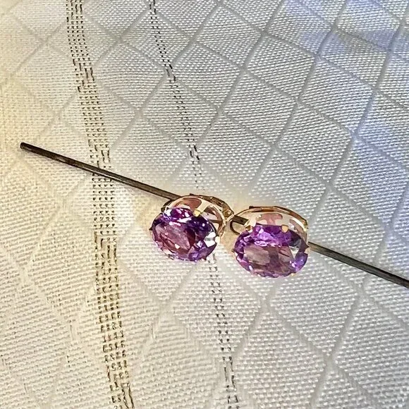 14K Yellow Gold Purple Amethyst Earrings, February Birthstone Earrings